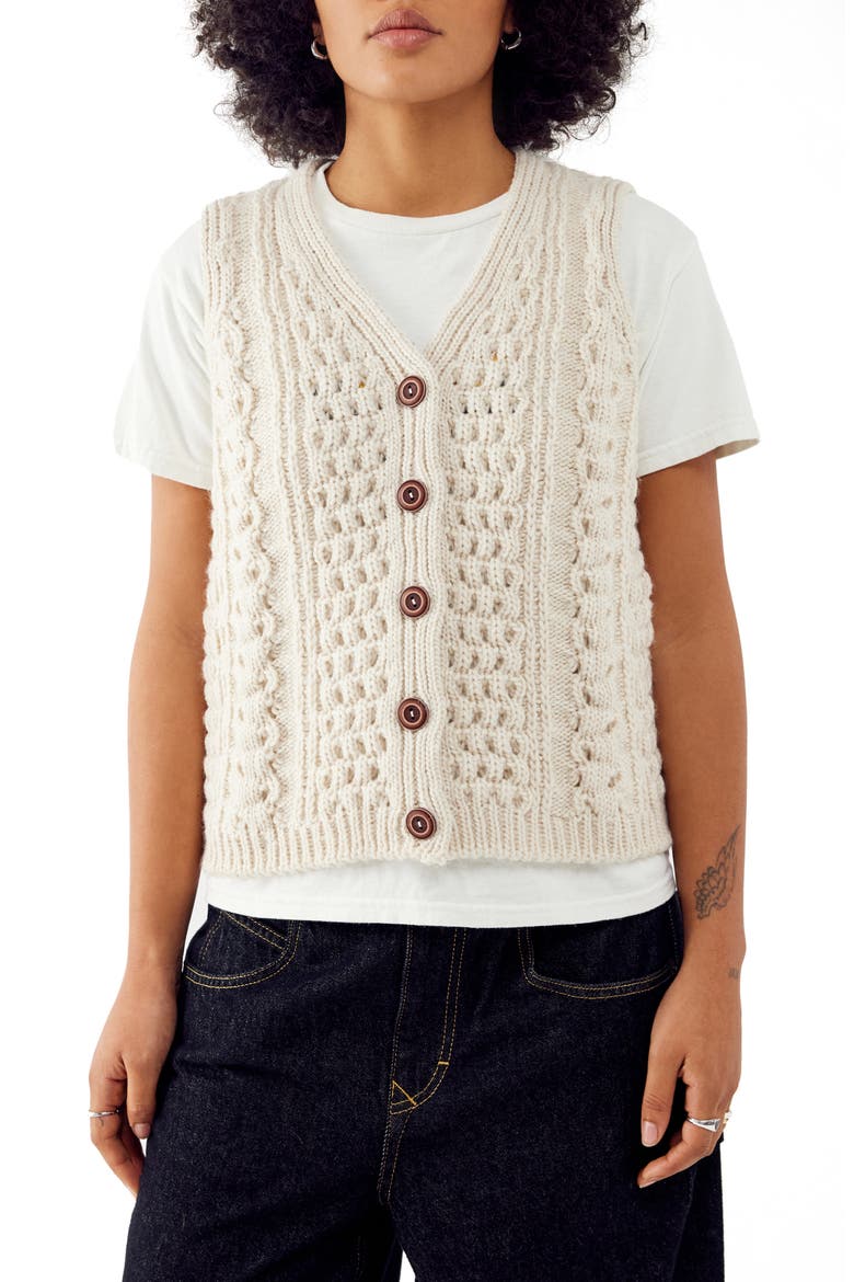 Cable Button-Up Vest, Main, color, CREAM 3