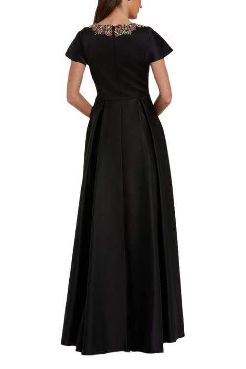 Mac Duggal Satin Flutter Sleeve Beaded Neckline Gown In Black