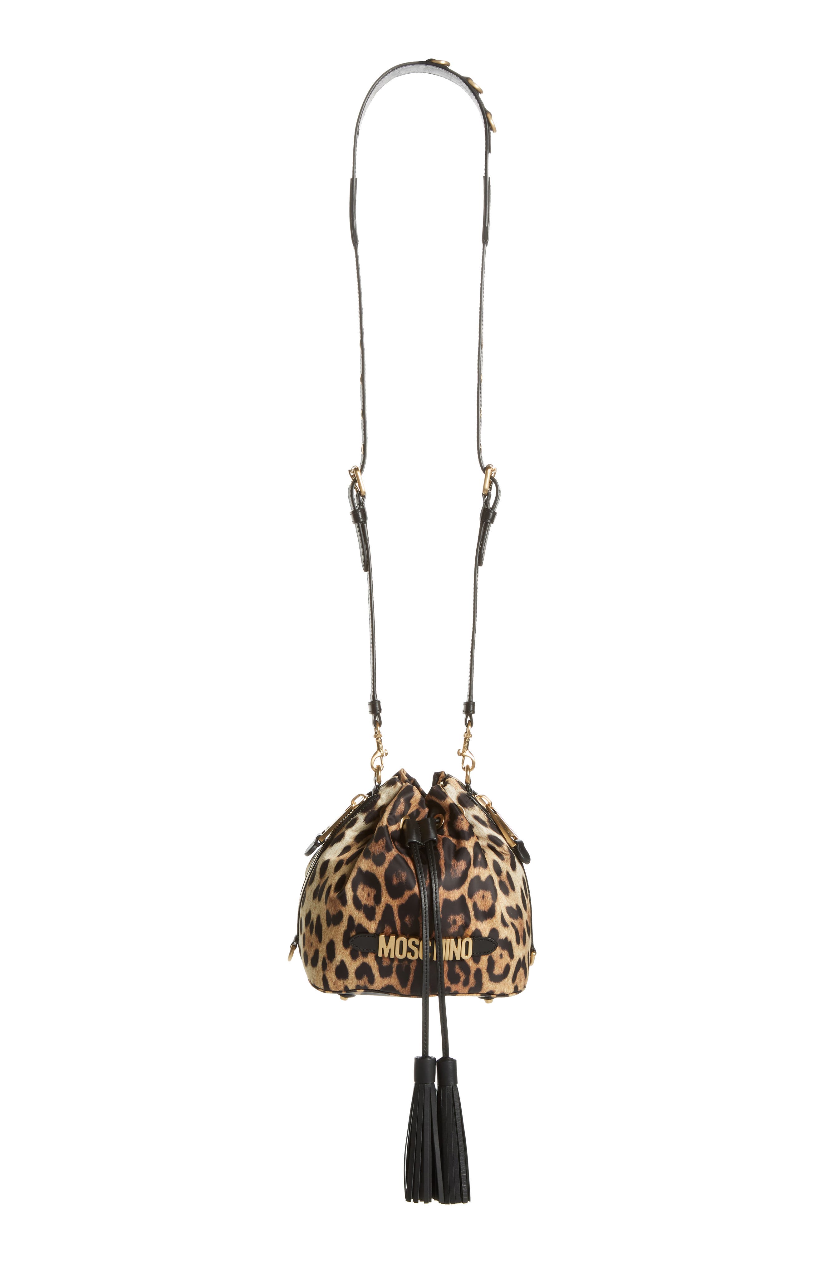 Moschino Leopard Print Nylon Convertible Bucket Bag, Alternate, color, 