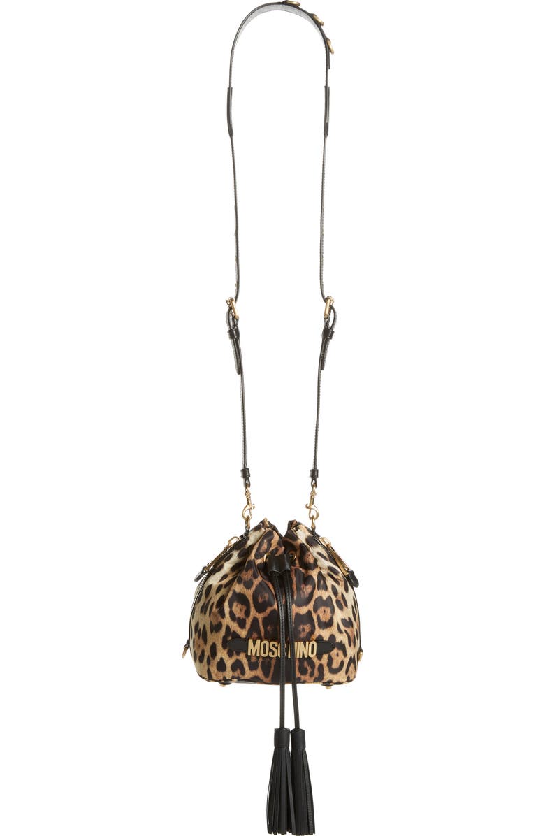 Moschino Leopard Print Nylon Convertible Bucket Bag, Alternate, color,