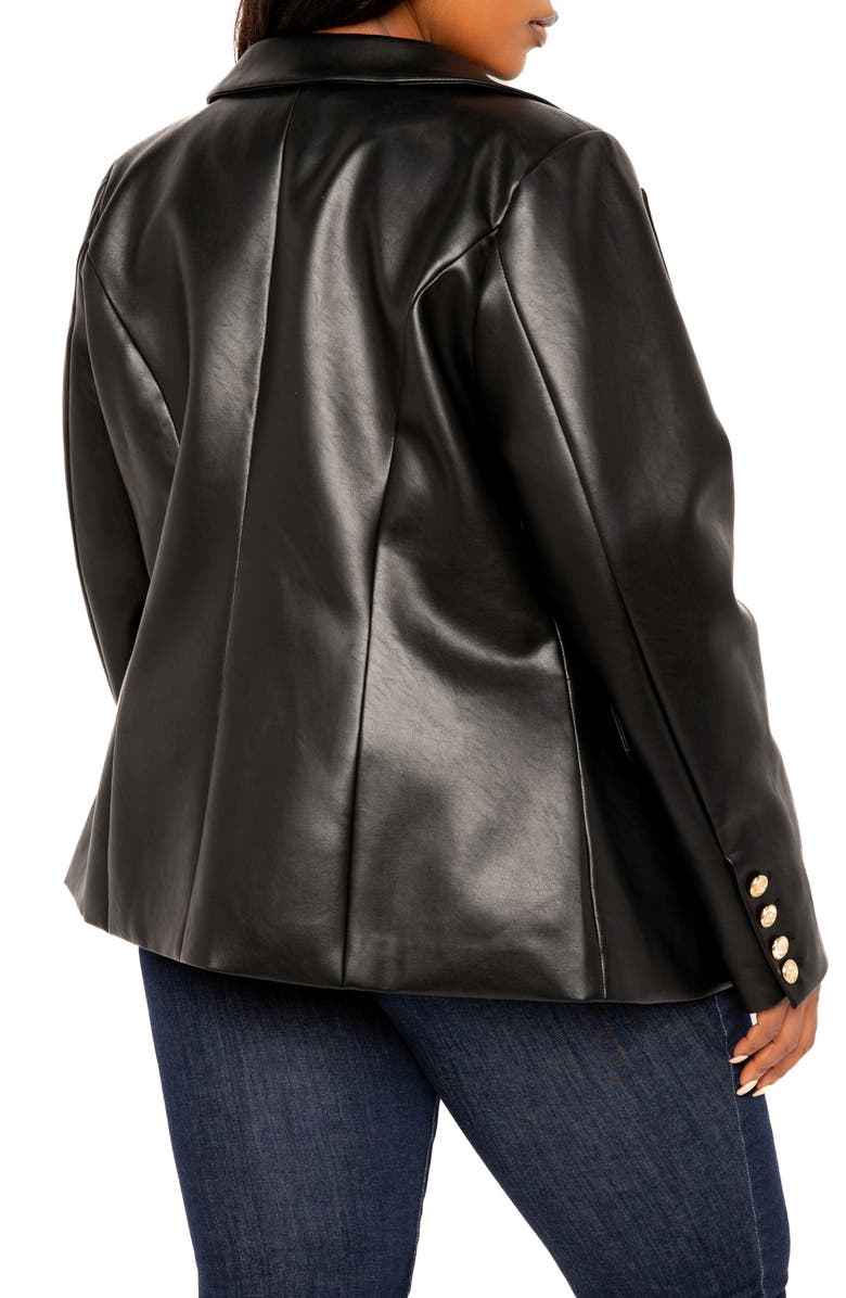 BUXOM COUTURE Faux Leather Double Breasted Blazer, Alternate, color, Black