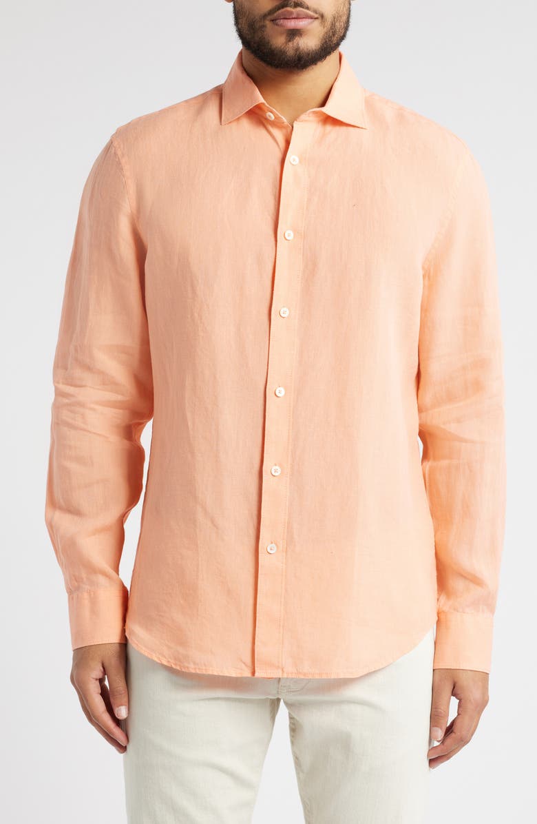 Bugatchi Axel Shaped Fit Linen Button-Up Shirt, Main, color, Papaya