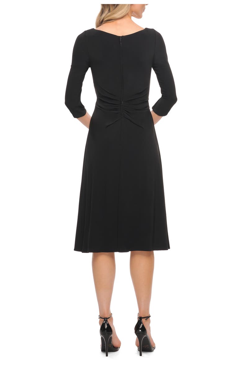 La Femme Chic Tea Length Jersey Dress with Ruching, Alternate, color, Black