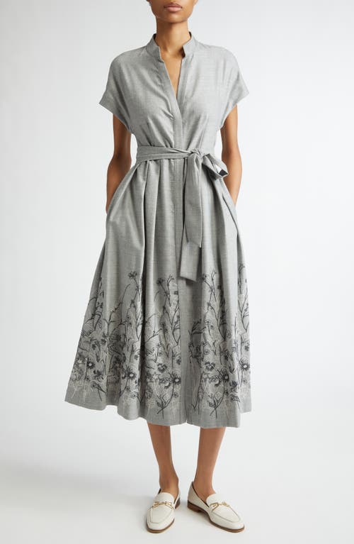 Eleventy Floral Embroidered Wool Blend Belted Shirtdress in Light Grey Melange 