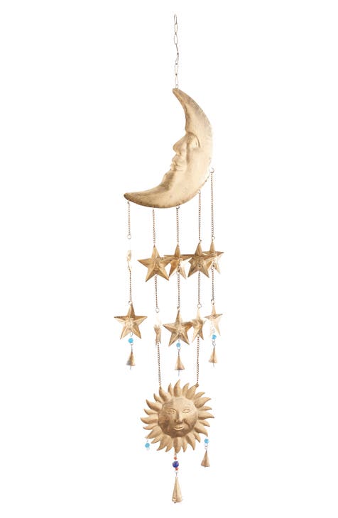 Goldtone Metal Moon & Sun Windchime with Glass Beads & Cone Bells