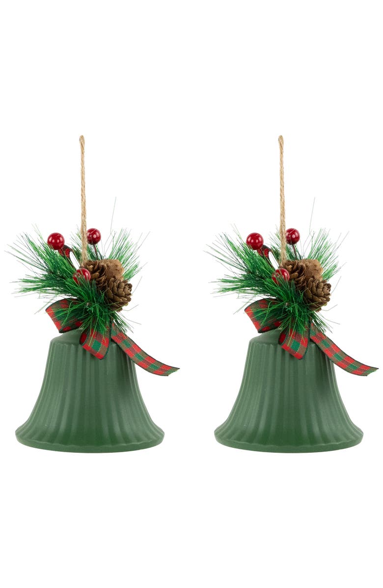 Northlight Christmas Bells with Pinecones and Plaid Bow Ornaments - 7" - Green - Set of 2, Alternate, color, Green