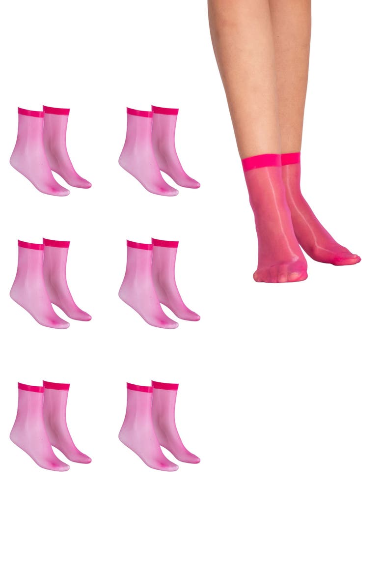 6-Pair Pack Lingerie Colored Fashion Ankle Nylons Sheer Socks, Main, color, Pink