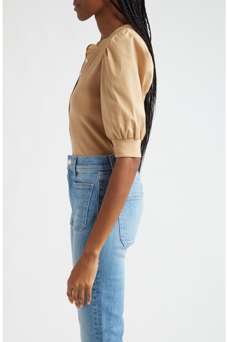 Coralee Puff Sleeve Stretch Cotton Henley Top, Alternate, color, KHAKI