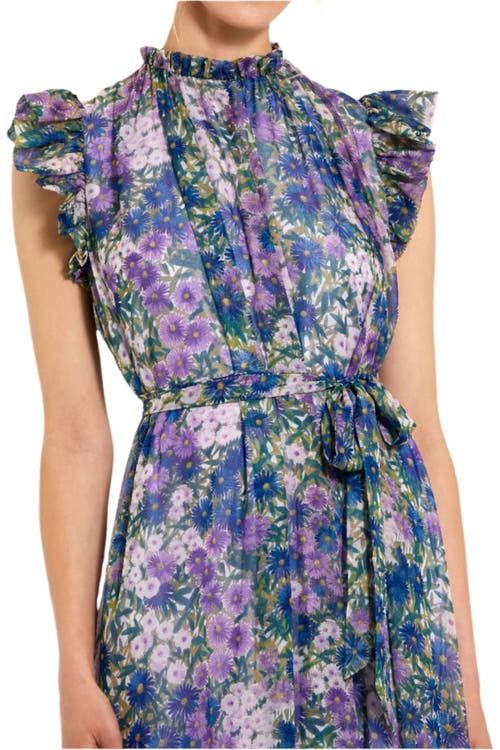 Mac Duggal Belted Floral Chiffon Ruffle Sleeve Gown In Lilac Multi