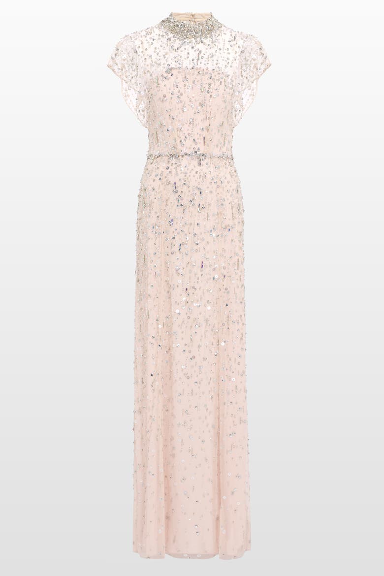 Crystal Drop Embellished High-Neck Maxi Dress, Alternate, color, Sugar