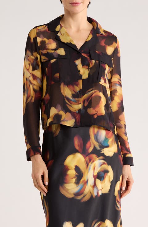 Print Long Sleeve Crop Blouse