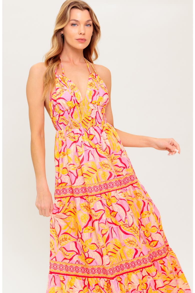 Tropical Print Halter Maxi Dress, Alternate, color, PINK/ MUSTARD