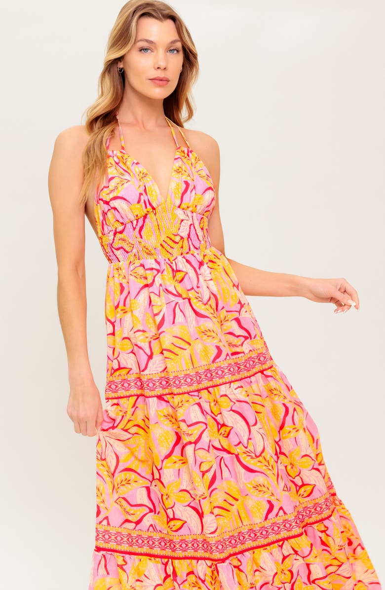 FLYING TOMATO Tropical Print Halter Maxi Dress, Alternate, color, Pink/ Mustard