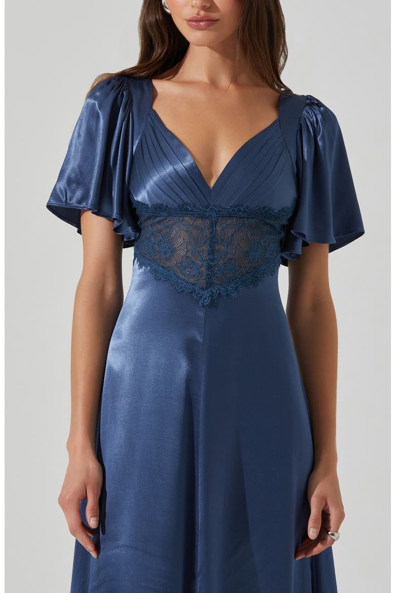 aurelia dress in slate blue astr the label Flutter Sleeve Lace & Satin (Women) launchdate:1/10/2022 Blue satin dress hourglass silhouette dress Long Size:Plus Size delicate frills and a