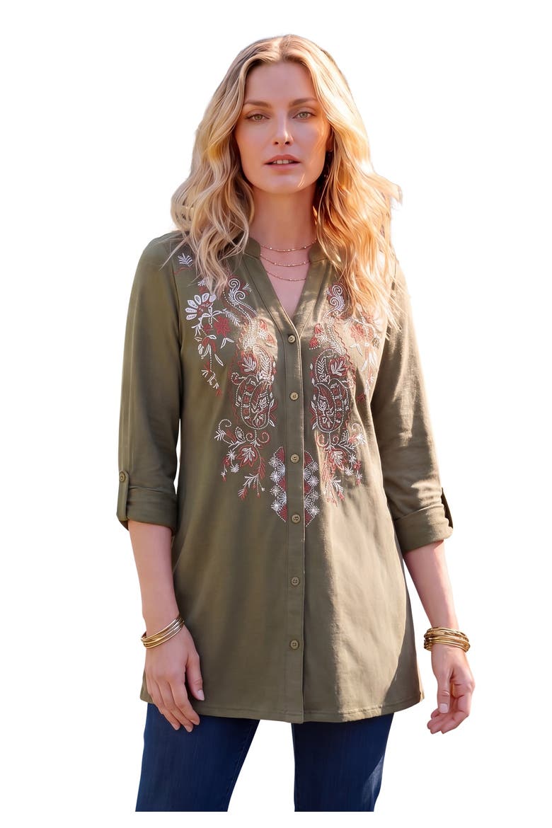 Plus Size Y Neck Roll Tab Sleeve Embroidered Tunic, Main, color, DARK OLIVE FLORAL VINE
