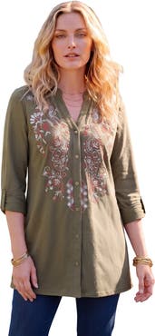 Roaman's Plus Size Y Neck Roll Tab Sleeve Embroidered Tunic