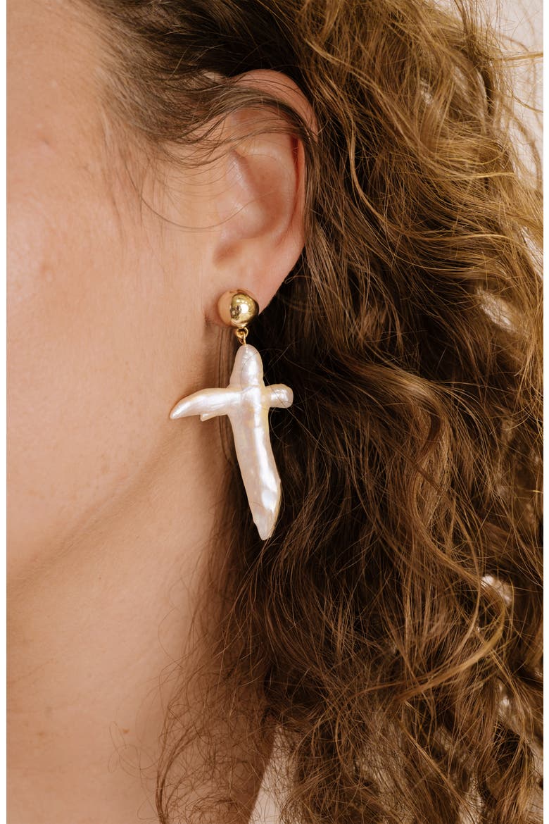 Freshwater Pearl Cross Drop Earrings, Alternate, color, GOLD
