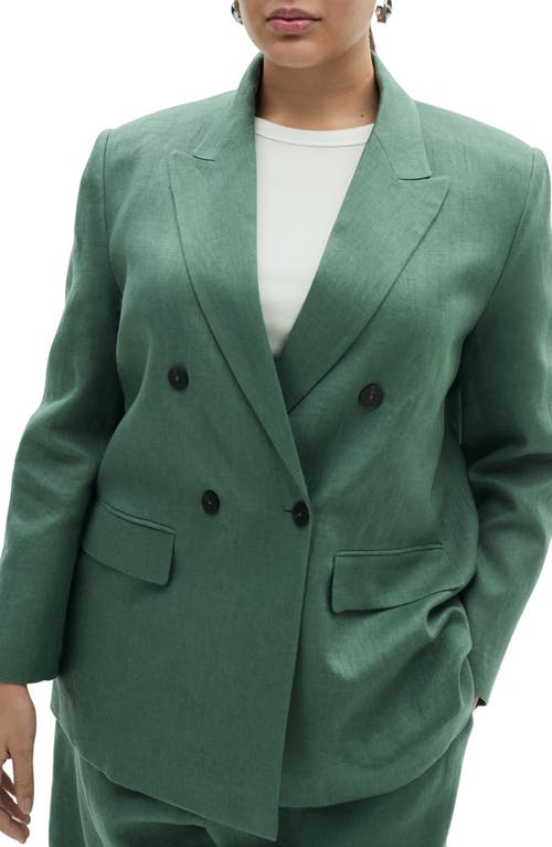 Shop Mango Double Breasted Linen Blazer In Medium Green