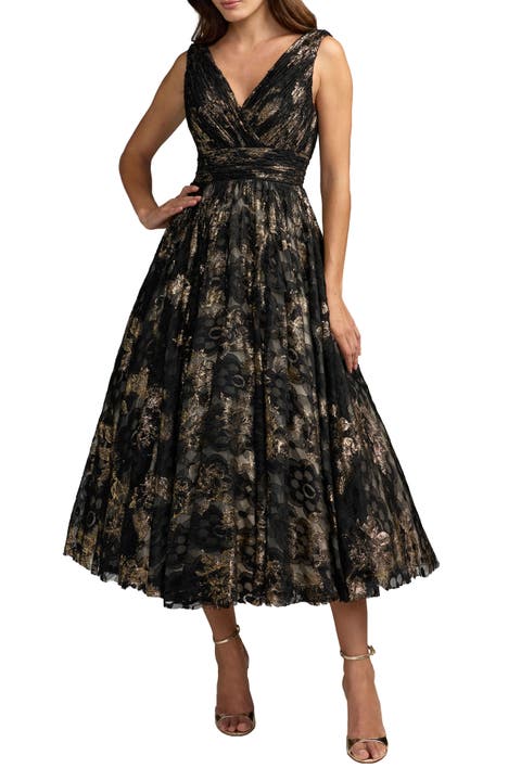 Metallic Lace Sleeveless V-Neck Midi Dress