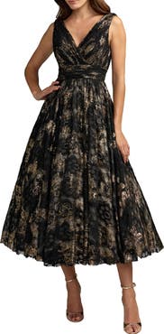 Mac Duggal Metallic Lace Sleeveless V-Neck Midi Dress