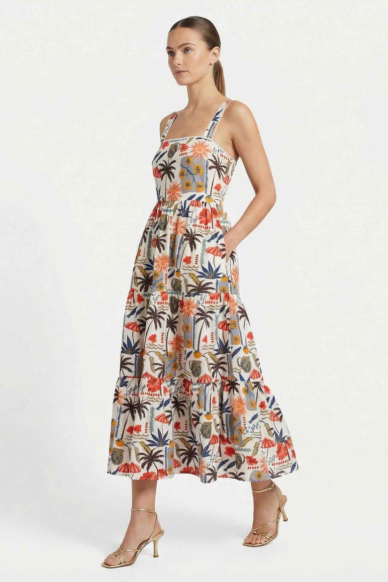 Lizzie Printed Tiered Midi Dress, Alternate, color, Riviera