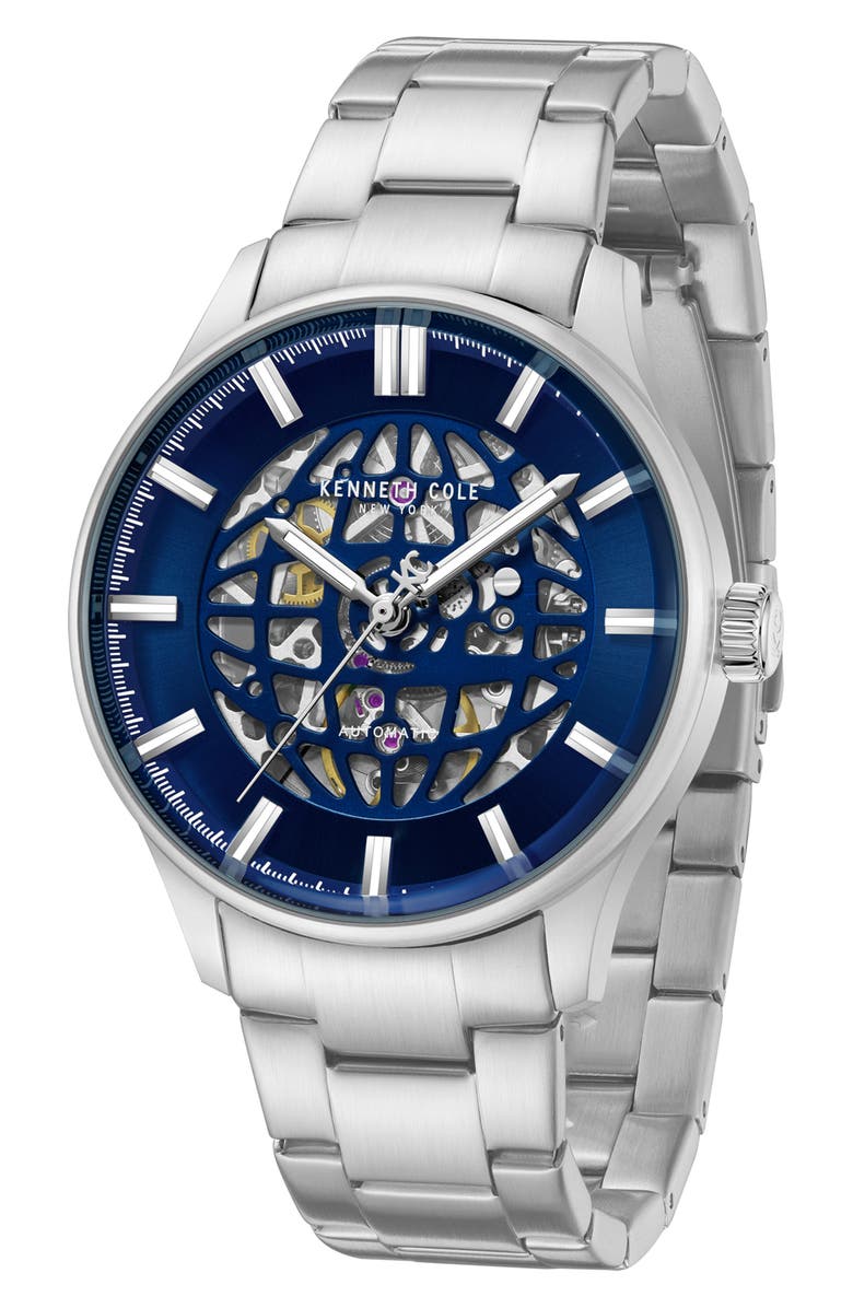 Kenneth Cole New York The Thompson Skeleton Automatic Bracelet Watch, 43.5mm, Alternate, color, Silver