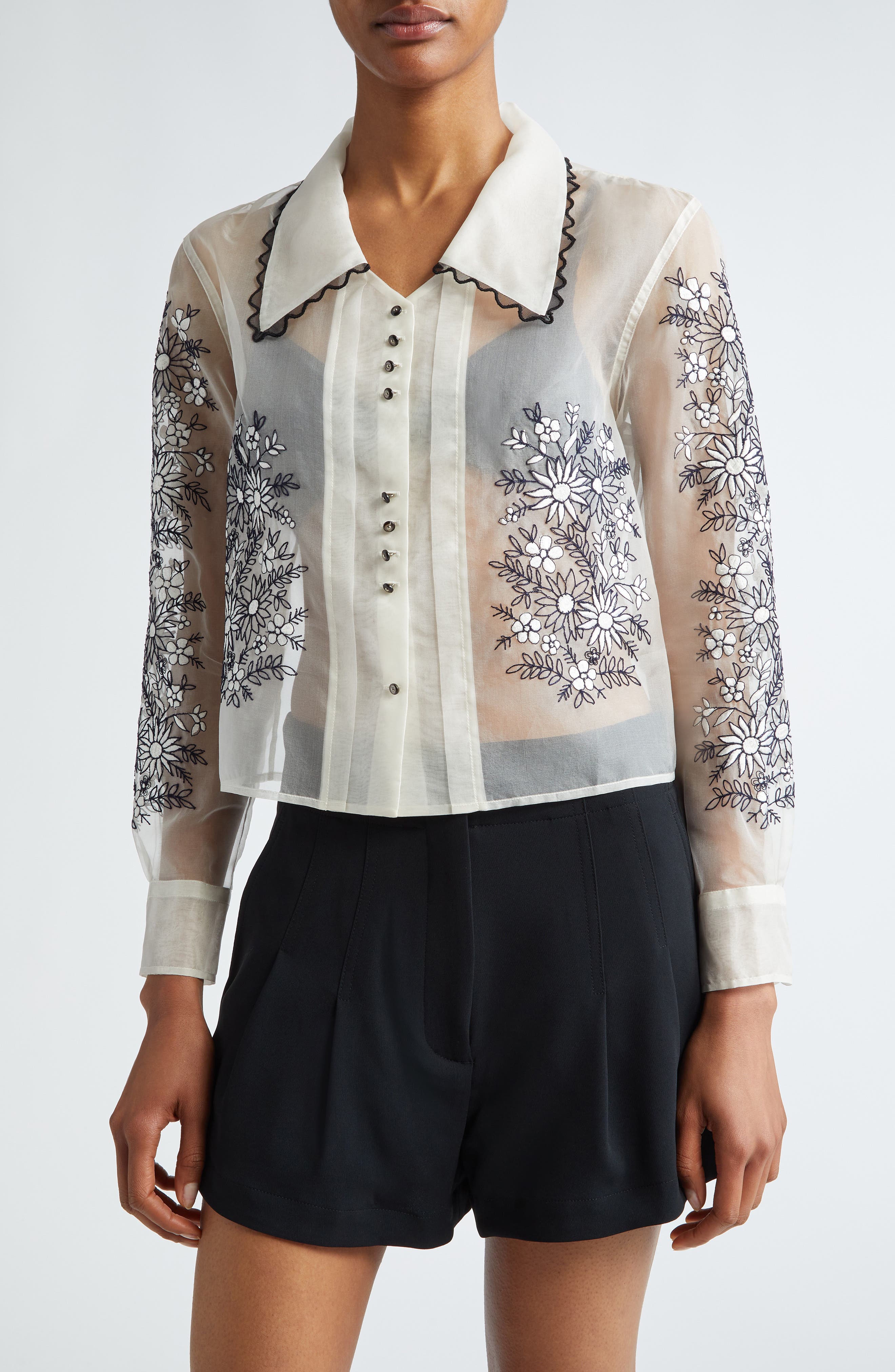 Poplin and Organza Contrast Button Up Shirt Top