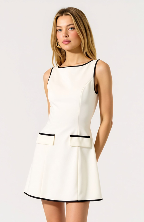Modenaire Sleeveless Contrast Trim Mini Dress With Faux Pocket Flaps
