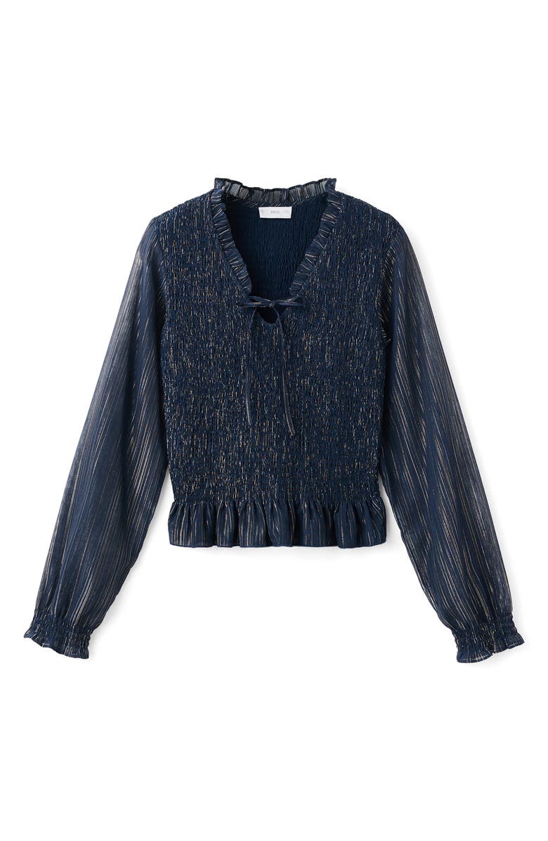 MANGO TEEN Metallic Stripe Smocked Top, Alternate, color, Navy