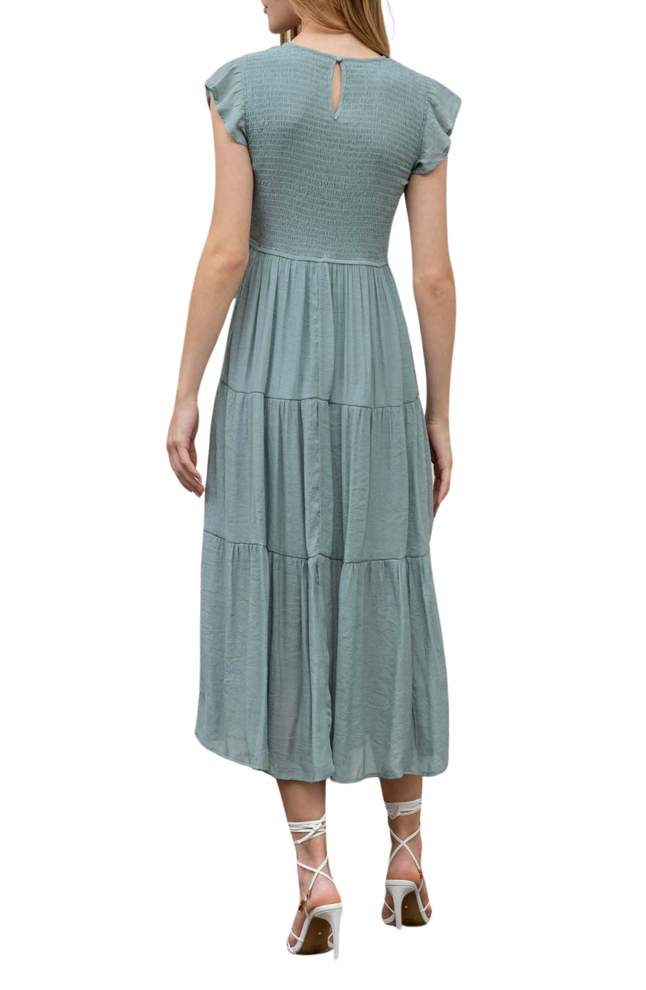 Flutter Sleeve Smocked Tiered Midi Dress - image 4
