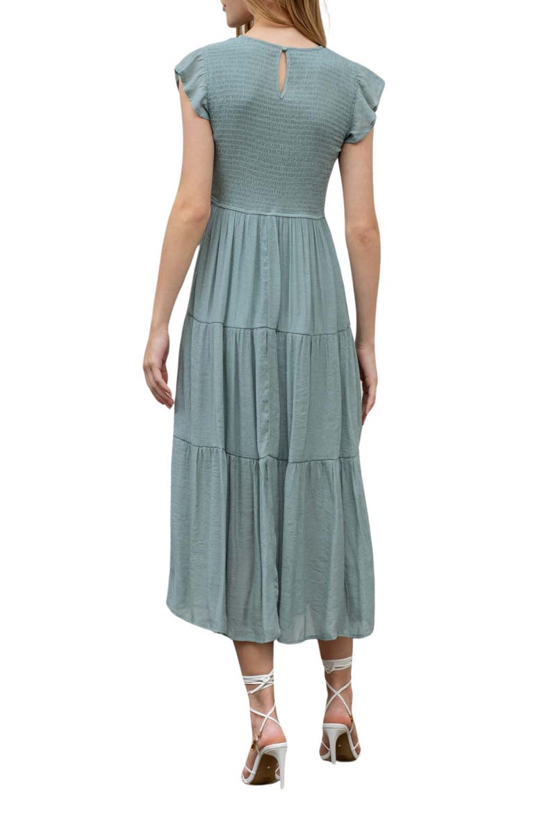 Flutter Sleeve Smocked Tiered Midi Dress, Alternate, color, SAGE