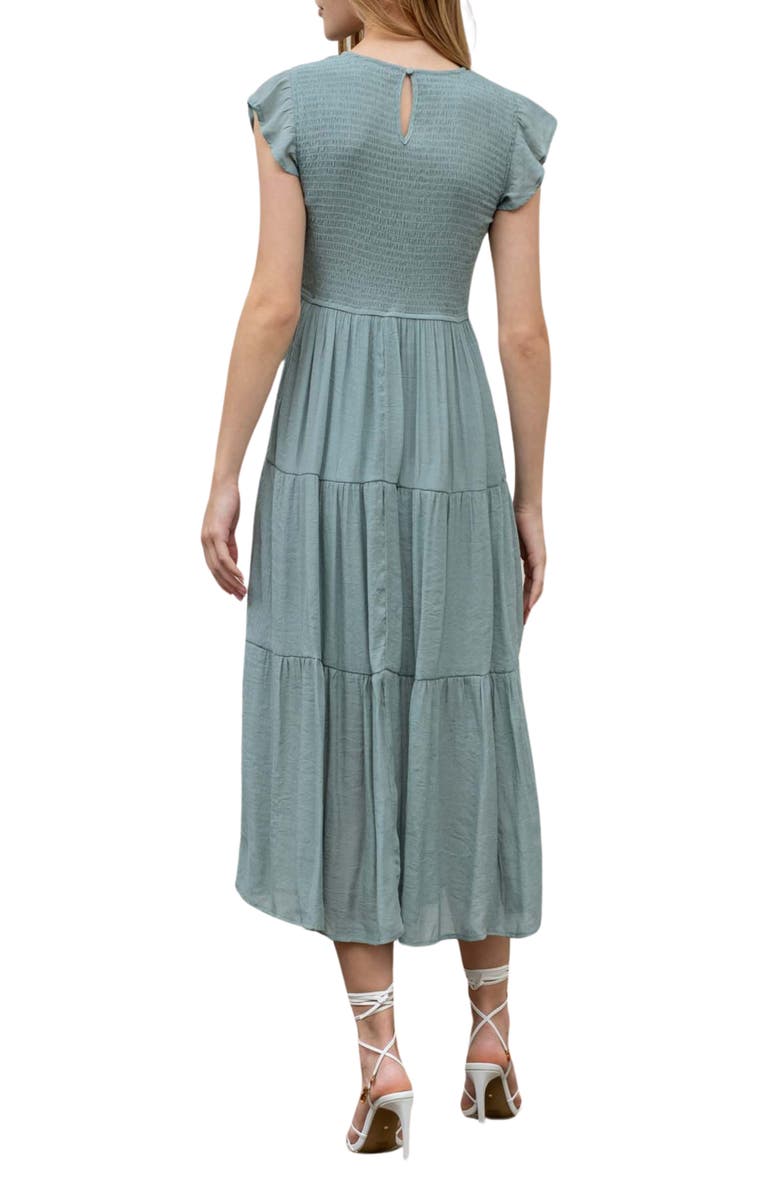 Blu Pepper Flutter Sleeve Smocked Tiered Midi Dress, Alternate, color, Sage