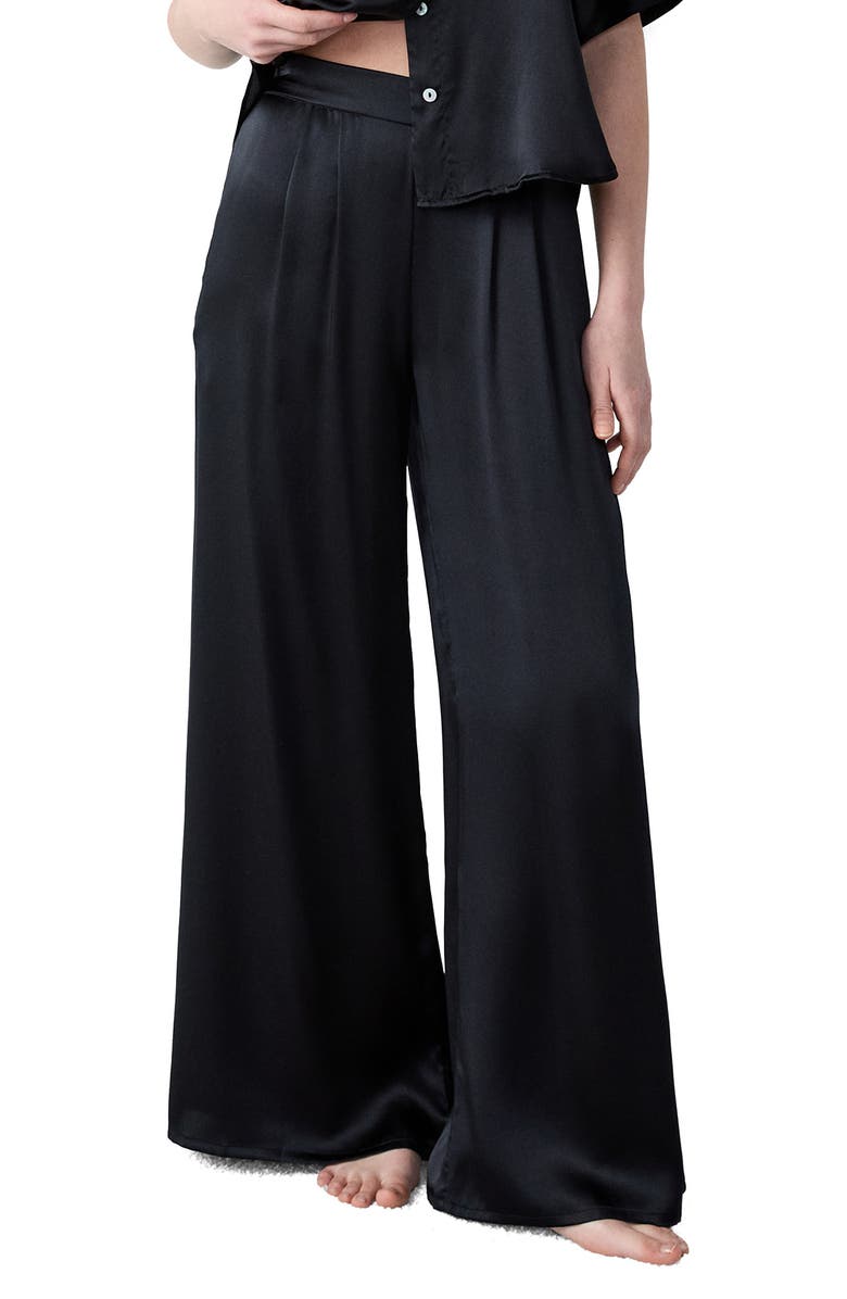 Etam Pearly Silk Wide Leg Pajama Pants, Main, color, Black