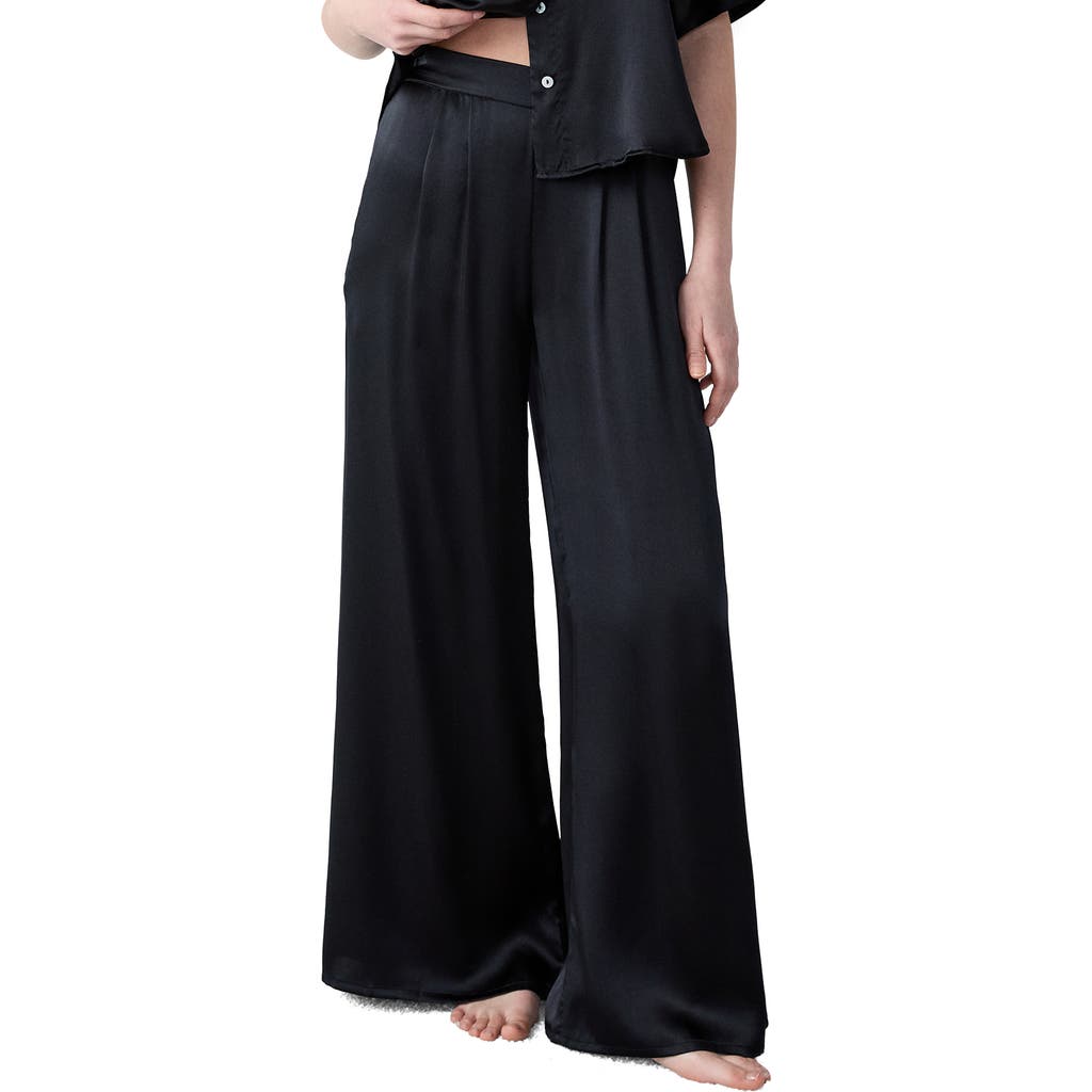 Etam Pearly Silk Wide Leg Pajama Pants In Black