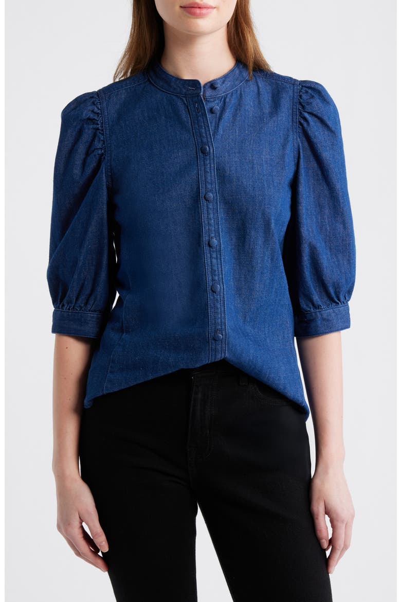 Denim Puff-Sleeve Band-Collar Shirt, Main, color, PLUMVILLE WASH