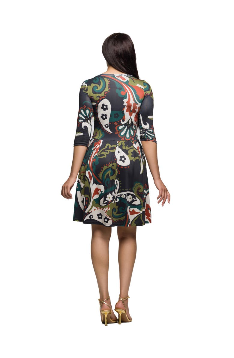 24seven Comfort Apparel Three Quarter Sleeve Fit and Flare Dress in Paisley Print, Alternate, color, Green Multi