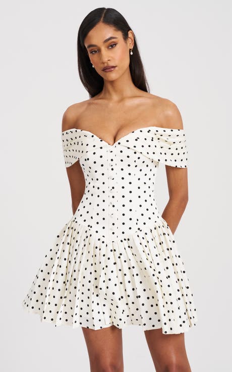 Edeline Polka Dot Off-shoulder Pleated Mini Dress