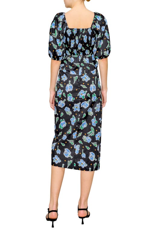Melloday Puff Sleeve Poplin Faux Wrap Midi Dress In Black Multi