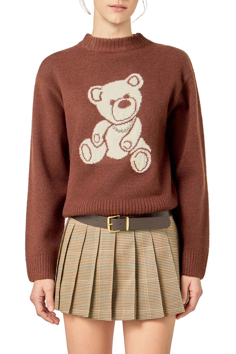Teddy Bear Embellished Crewneck Sweater, Main, color, BROWN/ WHITE