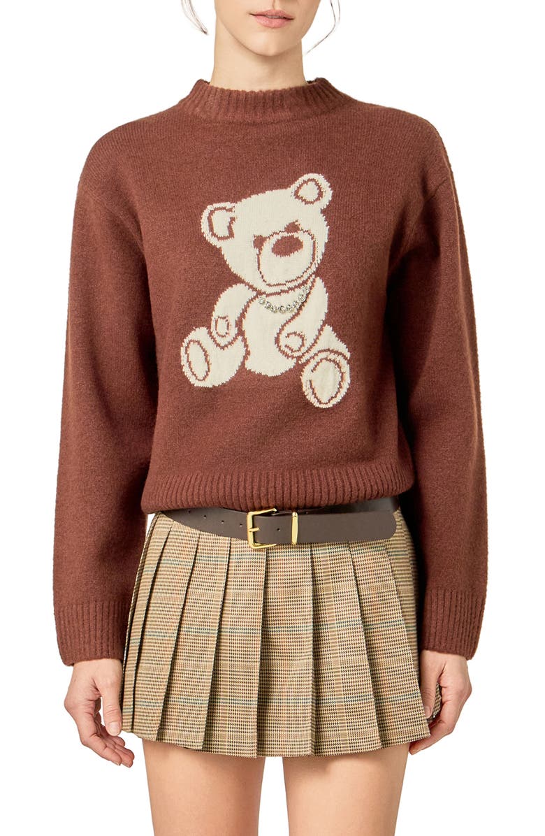 English Factory Teddy Bear Embellished Crewneck Sweater, Main, color, Brown/ White