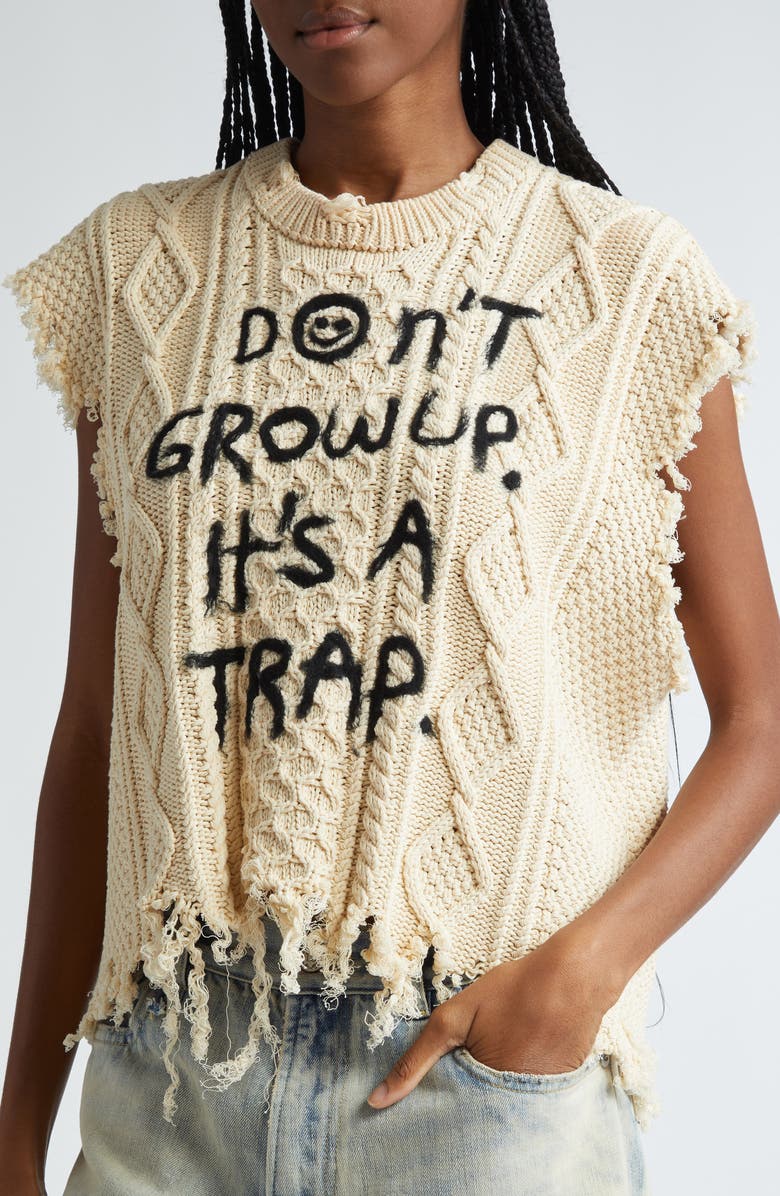 R13 Don't Grow Up Fray Hem Cable Stitch Sweater Vest, Alternate, color, 