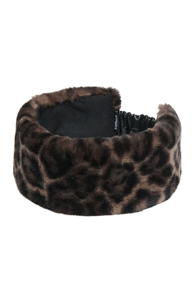 Apparis Eleni Leopard Print Faux Fur Headband, Main, color, Dark Leopard