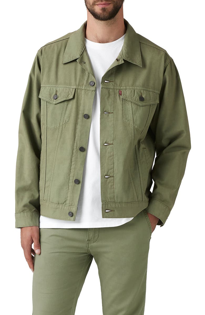 Levi's<sup>®</sup> Relaxed Fit Cotton & Linen Trucker Jacket, Main, color, Deep Lichen Green