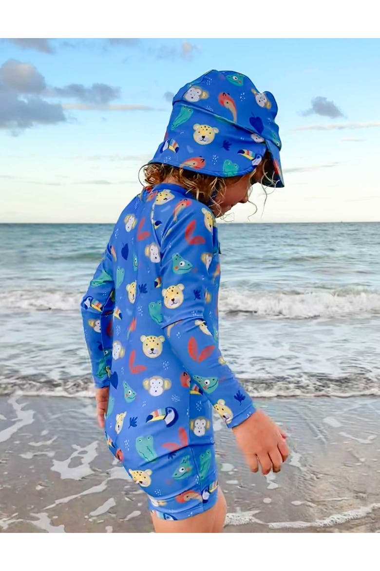 Printed Longsleeve Swim Sunsuit, Alternate, color, Jungle Faces Print