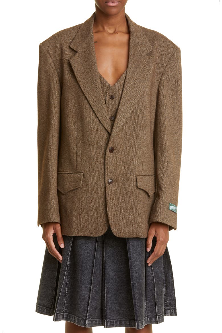 Gender Inclusive Roadhouse Herringbone Oversize Single Breasted Blazer, Main, color, BARK