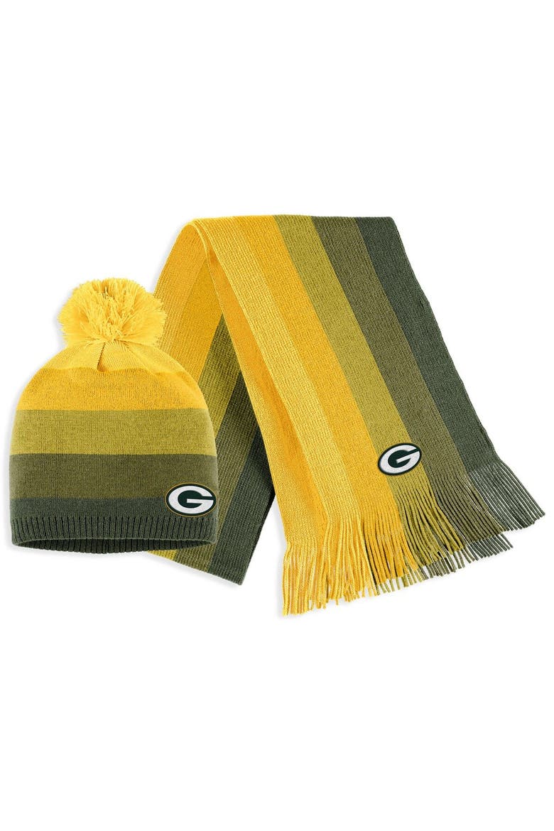 Women's WEAR by Erin Andrews Gold Green Bay Packers Ombre Pom Knit Hat and Scarf Set, Main, color, Gold