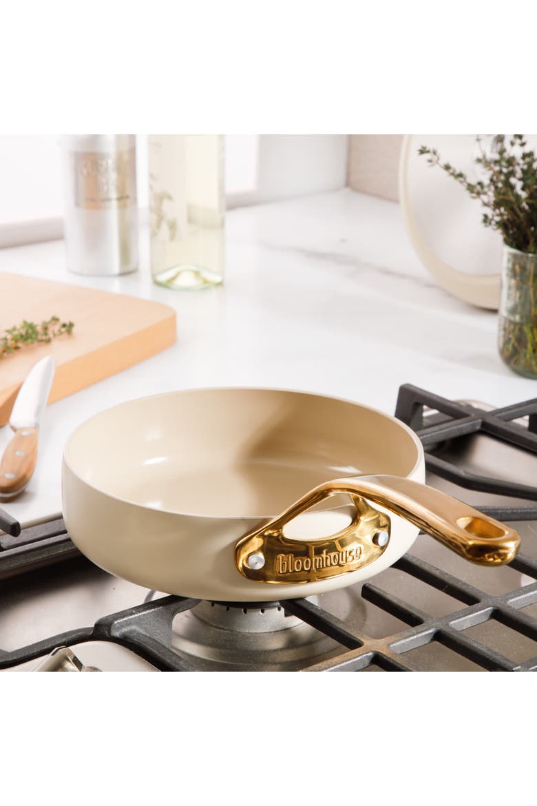 8 Inch Heavy Duty Aluminum Premium PFA Free Ceramic Nonstick Saute/Deep Frying Pan Skillet, Alternate, color, Linen White with Gold Handle