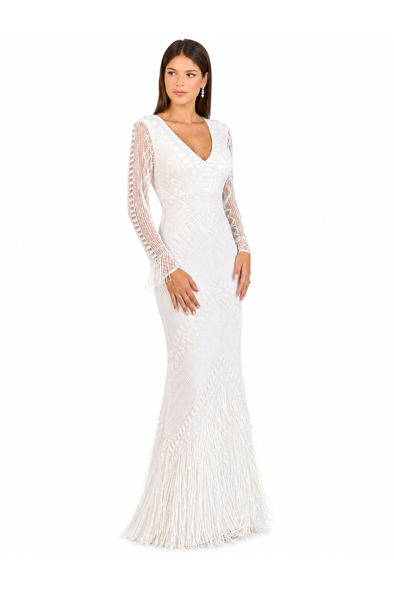 Long Sleeve Fringe Bridal Gown, Alternate, color, Ivory