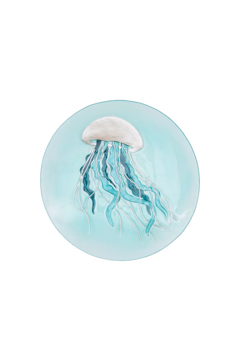 Sea Glass Sand Jellyfish Slump Glass Coastal Decorative Dish Plate 14", Main, color, Blue