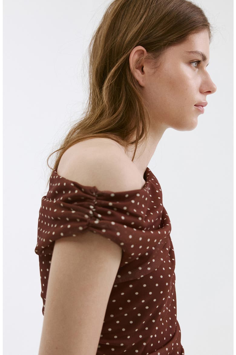 Ruched Dot Midi Dress, Alternate, color, BROWN